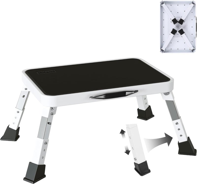 Mifami Metal Step Stool Foldable Adjustable Height Sturdy Stable Step Ladder with a Non-Slip Platform Camper Step Stool with Non-Slip Rubber Feet, Easy to Carry (White) - Image 1